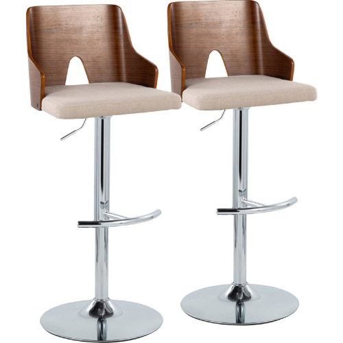 Ariana Adjustable Swivel Bar Stool in Chrome, Walnut Wood & Beige Fabric (Set of 2)